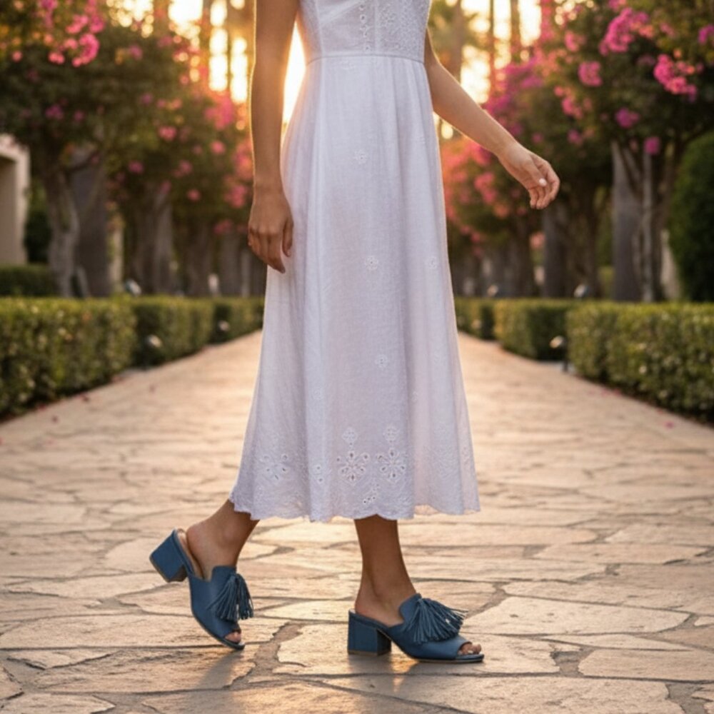 Kaanas Blue Pompom Leather Loafer Mule Sandal